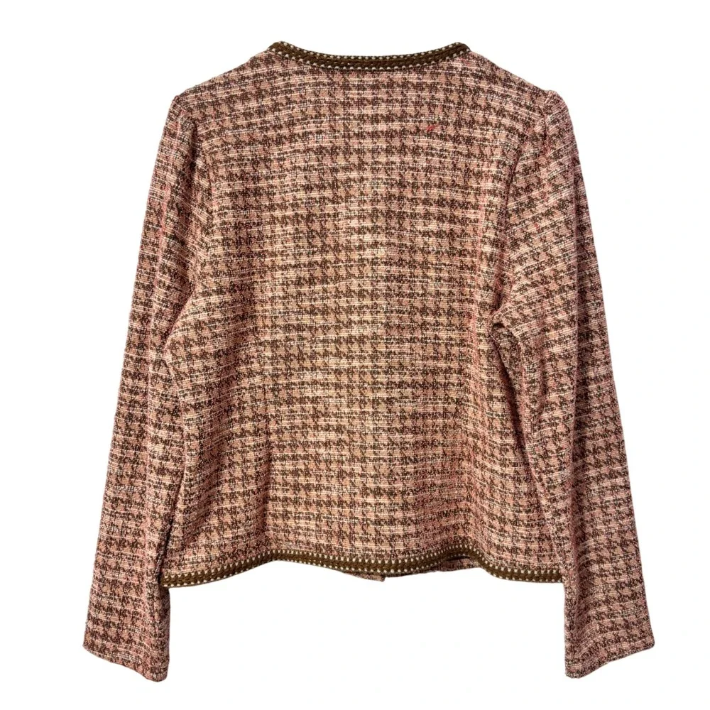 Isaac Mizrahi Live Womens‎ Pink Brown Houndstooth Tweed Jacket Gold Trim Size M